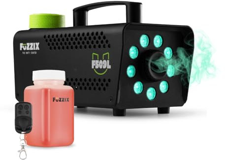 Fuzzix F509L Party Smoke Machine with 9x RGB LED Lights, Wireless Remote Control & Fog Fluid - Disco Fog Machine for DJs, Weddings & Event Effects Kit (500W, 250ml Fluid Included)