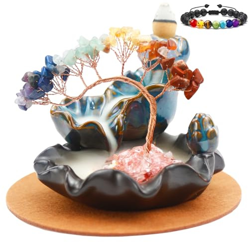 Dreamgirnh Chakras Backflow Incense Burner, Crystal Tree Incense Waterfall Fountain, Cone Incense Holde, Living Room Shelf Aesthetic Decor