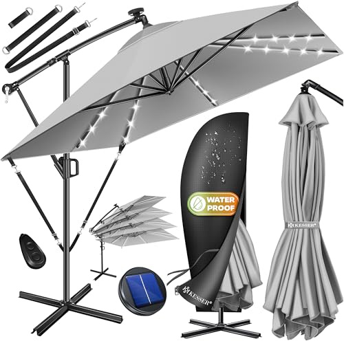 KESSER® Sonnenschirm 250x250cm, Kurbelschirm, Sonnenschirm Balkon, Garten, Sonnenschutz, Gestell & Ständer aus Alu + Kurbel, UV-Schutz, wasserdicht + Windfest, 360° Funktion + Schutzhülle, Hellgrau