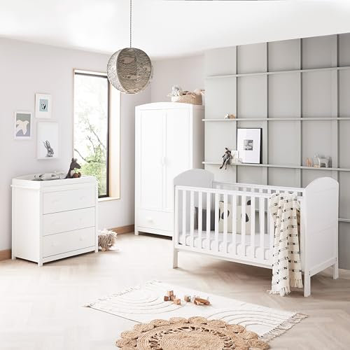Babymore Aston 3 Piece Nursery Room Set White - 1 Baby Cot Bed & One 2 Door Wardrobe Having Full Size Drawer & 1 Chest Changer, Wooden Chest Of Drawer Storage Cabinet | 3 Piece Aston Room Furniture