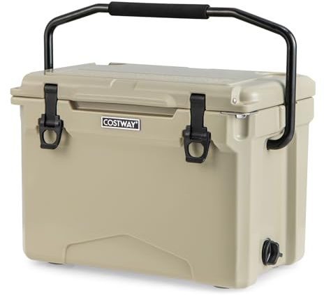 GYMAX Kühlbox 21L, tragbarer isolierter Kühler mit Aluminiumgriff & Becherhaltern, Isolierbox mit Flaschenöffner, Kühlkiste, Cooling Box, Thermobox für Strand, Picknick & Camping(Kahki)