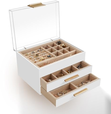 ESSDIAR Acrylic Jewelry Box, Three-Layer Jewelry Organizer with 360° Transparent Lid, Suitable for Earrings, Rings, Bracelets, Necklaces, Stud Earrings, Bracelets, Watches (White)