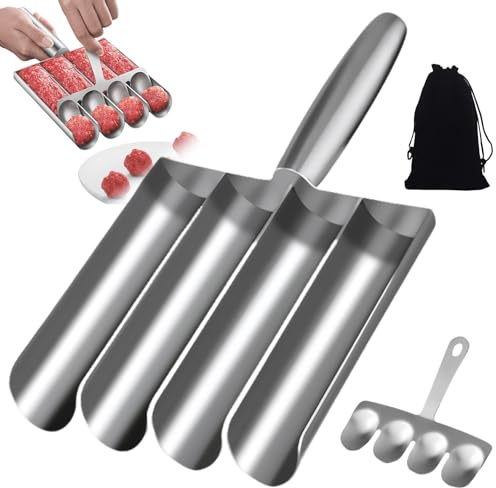 Fleischbällchen Hersteller mit Schneidspaten, Küche 4 Röhren Meatball Maker Edelstahl Manueller Fleischbällchen Maker DIY Kochen Werkzeuge für Schnelles Cooping Fleischbällchen Fischbällchen(4 Röhren)