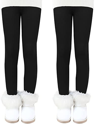 Auranso Girls Winter Warm Cotton Fleece Lined Leggings Thick Thermal Tights Pants Pack of 2, 11-13 Years Black
