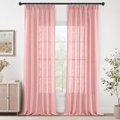 MIULEE Gardinen mit Kräuselband Leinen Vorhang 2er Set Rosa 245x140 cm | Halbtransparent Leinenoptik Schiebevorhang, Modern Voile Vorhänge für Wohnzimmer Schlafzimmer