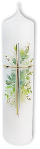 FRITZ COX Taufkerze Glaube erwächst - Eukalyptus mit goldenem Kreuz | Paraffinkerze made in Germany (Tischkerze)