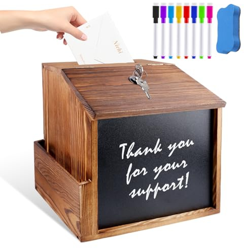 Trä förslagsbox, donationslåda låsbar med 8 färger tavla penna och icke-magnetisk tavla, tavelbox för skola, kontor, sjukhus, förslag, donation, stämsetiketter (21 x 20 x 16,5 cm)