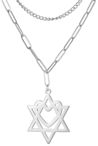 Collana con Stella di David Ciondolo con Cuore in Acciaio Inossidabile Collana con Stella Ebraica Amuleto Religioso San Valentino Festa della Mamma Gioielli Regalo (Collana a strati in argento)
