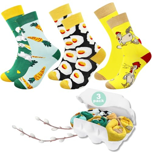 3 Pares de Calcetines de Pascua, Calcetines Divertidos Hombre Mujer, Huevo de Pascua Calcetines Novedosos, Calcetines de Algodón Coloridos, Regalos divertidos para parejas en cumpleaños y Pascua