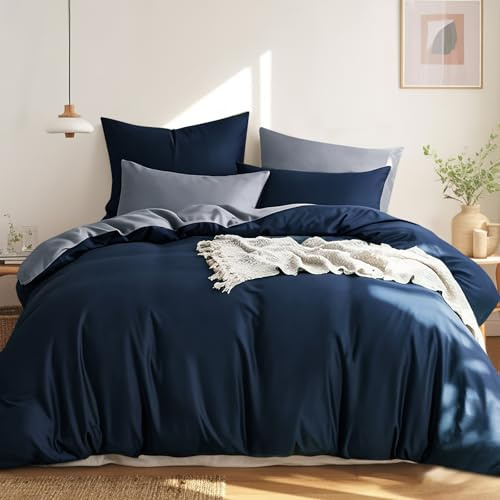 RUIKASI Bettwäsche 200x220 Baumwolle Blau - Bettwäsche-Sets 200x220cm 3teilig Wendebettwäsche 3tlg mit Reißverschluss, zweifarbige Bettbezug Set Dunkelblau und Grau Cotton