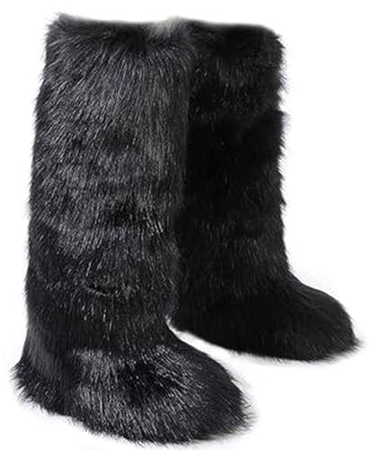 NWSTESLE Tall Furry Faux Fur Boots for Women,Winter Snow Fluffy Long Boots for Girls,Knee-High Flat(Black,9)