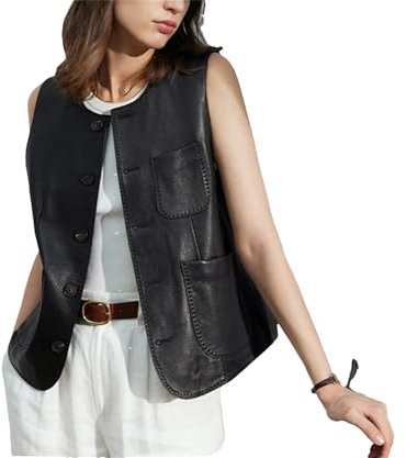 Damen Ärmellose Weste Litchi Stria Schaffell Vintage O-Ausschnitt Gilet Dames Top Überlappender Mantel Lederjacke Trend, Schwarz , L