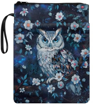 Buchhülle, waschbarer Stoff, Buchschutz mit Reißverschluss, 29 x 22 cm, Buchhülle für Buchliebhaber, Klassenkameraden, beste Freundin, Eulen-Blume, Dunkelblau