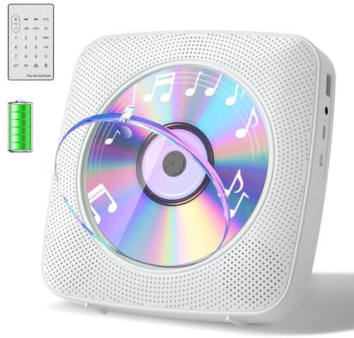 Gueray Lecteur CD Portable Bluetooth 1800mah Lecteur CD de Bureau pour la Maison Lecteurs CD avec Deux Haut - parleurs Télécommande Housse Anti-poussière Affichage Radio FM Minuterie USB Aux-Blanc