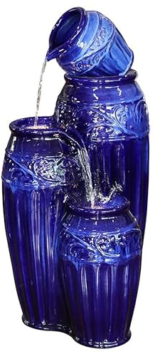 Primrose 87cm Aber Blue Ceramic Cascading Vase Water Feature with LED Lights