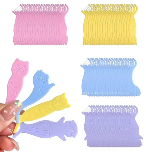 THXFUNAREA 80 palitos de hilo dental para niños, 4 formas de animales, hilo dental,hilo dental con mango