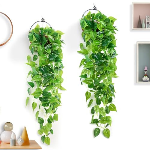 KASESSS 2 Pcs Fake Plants Trailing, 110cm Hanging Artificial Plants Indoor, Fake Vines Hanging Plant, Fake Ivy Leaves Decoration, Artificial Hanging Plants for Home Indoor Room Outdoor Office Wedding
