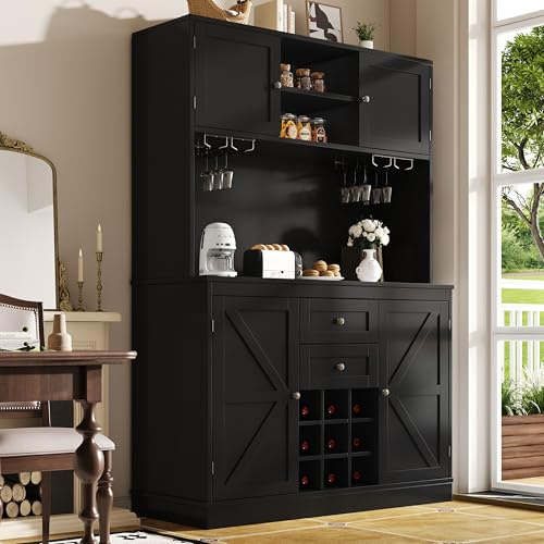 Armario de cocina con estantes ajustables y botellero, armario alto de cocina buffet con 4 puertas y 2 cajones, aparador para cocina y salón, armario buffet, color negro