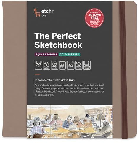 Etchr The Perfect Sketchbook Deckle Edition – Premium 300 g/m² Kaltpresse, 100 % Baumwolle, handgedrehte Deckle-Kanten, flache Bindung, veganer Ledereinband (17,8 x 17,8 cm quadratisch)