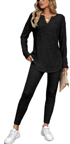 JENJON Mujer Conjunto de Traje de Ocio Manga Larga de Dos Piezas Leggings de Punto Acanalado Cuello en V Casual Chándal Traje Otoño Invierno
