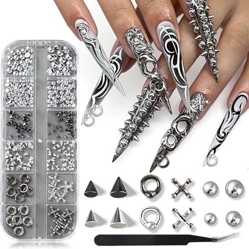 Kinretixia Charms Goth pour ongles, accessoires 3D triangle et spike punk gothic, perles à clous noires, piercings en alliage argenté, décorations style année 2000, accessoires de manucure