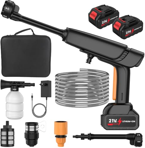 Nettoyeur Haute Pression sans Fil, 50 Bar Nettoyeur Haute Pression sur Batterie avec 3.0Ah Batterie, Tuyau de 5M, Buse 6 en 1, 2 Réglages de Vitesse, Débit 6 L/Min, pour Lavage de Voiture, Cour (D)