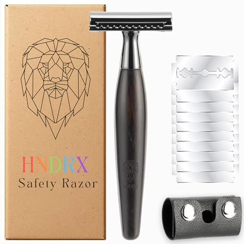 HNDRX® Rasierhobel Herren Safety Razor Damen Nassrasierer aus Ebenholz 30° Winkel inkl. 10 Japanische Rasierklingen & Leder-Klingenschutz (Dark Elegance)