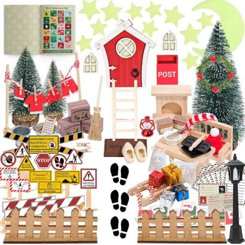 RTUOHUIN Nachtleuchtendes Wichteltür Komplettset mit Buch, Miniatur Wichtel Zubehör Sammlung für Weihnachten inkl. Wichtelbriefe, Baustelle, Backset, Wäscheständer, DIY-Spiel, Kinderzimmer Deko