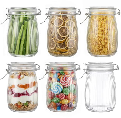 Acellegic 32 oz Glass Mason Jars with Airtight Lid 6 Pack, Wide Mouth Striped Canning Jars with Clip Top Lids for Kitchen Storage Pickling Snack, Nut, Candy, Salad Jams Coffee Beans