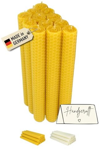 12 Stabkerzen 100% Bienenwachs aus Deutschland – Bienenwachskerzen handgerollte, 20 cm hoch, ca. Ø 2,2 cm, natur-gelb, Premium Kerzenset mit Hanfdochten für Tischdekoration, Fest & Rituale