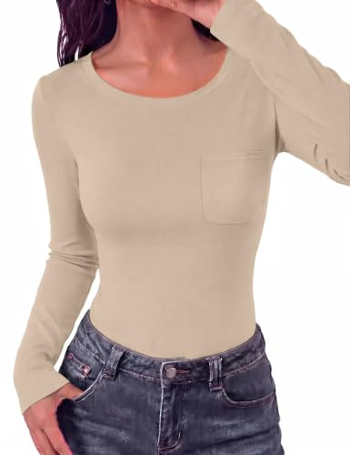 Aottori Langarmshirt Damen Rundhals mit Tasche Stretch Slim Fit | Oberteile, Elegant, Weich, Herbst, Einfarbig, Basic Tops, Unterziehshirt Langarm, für Alltag Büro Freizeit
