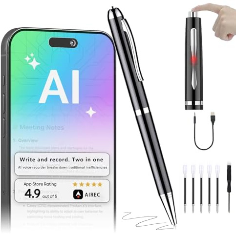 AI Voice Recorder Pen, One-Touch Recording, 360° Mic, Real-Time Transcription & Translation, App Control, 10-Hour Battery, 16GB Internal Memory+ Unlimited Cloud, PC/Mac Compatible