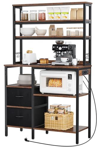 YITAHOME Küchenregal mit Steckdosen, 2 Steckdosen & 2 USB-Anschlüsse, kaffeebar, bäckerregal mit 2 Schubladen & 4 Haken, mikrowellen Regal, für Backofen, 100 x 40 x 168 cm, Vintagebraun & Schwarz