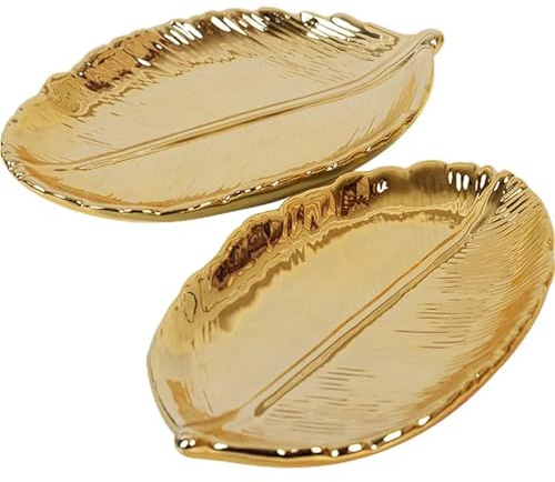 PPQIRU Vide-Poches Plateau de rangement en feuille d'or, 2 pièces, plateau à bijoux, plat fruits secs, décoration la maison