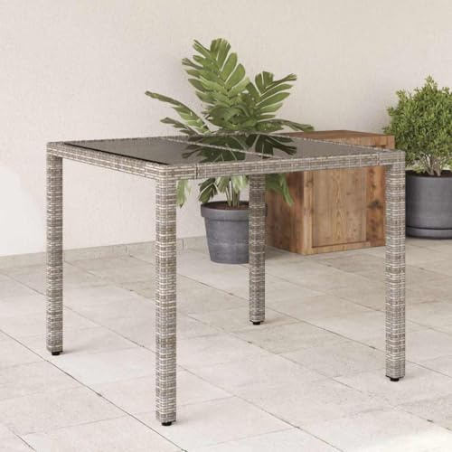 Frdhee Tavolo da birra, terrazze, tavolino da giardino con piano in vetro, grigio, 90 x 90 x 75 cm, in rattan sintetico, per balcone, giardino, terrazza