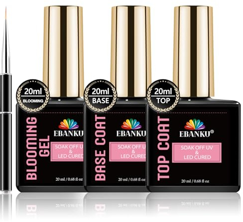 3PCS 20 ml Gel Überlack, Blooming Gel & Unterlack Set, EBANKU klarer glänzender Nagellack (UV/LED-Lichthärtung) ohne Abwischen, inklusive Pinsel