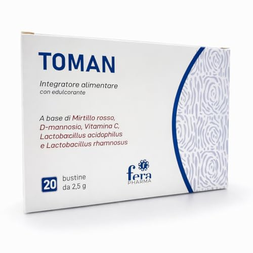 Fera Pharma Toman - Integratore Alimentare per le Vie Urinarie a base di Mirtillo Rosso, D-Mannosio, Vitamina C, Lactobacillus acidophilus e Rhamnosus, 20 Bustine da 2,5 g