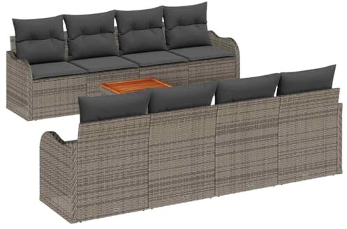 pokgdf Garten Sofa Set mit Kissen Poly Rattan 9-teilig modernes Gartenmöbel Set mit Tisch und Kissen für den Außenbereich wetterfestes Rattan Sofa für Terrasse in Grau