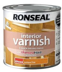 Ronseal RSLINGAP250 250ml Quick Dry Gloss Interior Varnish - Antique Pine | Fast-curing protective coating with enhanced abrasion resistance, touch dry in approximately 20 minutes.