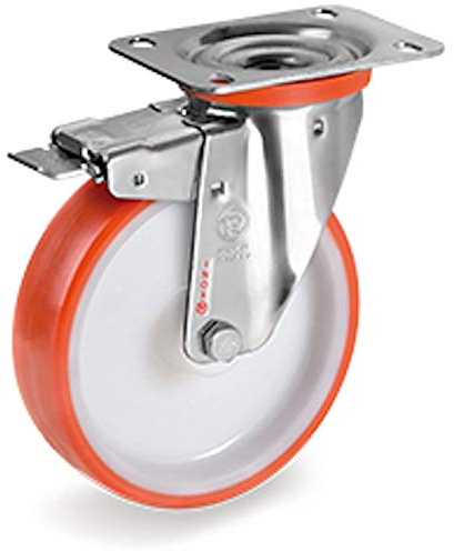 Roulette INOX pivotante à frein diamètre 80 mm roue polyuréthane rouge - 120 Kg