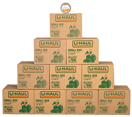 U-Haul Small Moving Boxes - Pack of 10 Boxes with Handles - 12-5/8” x 16-3/8” x 12-5/8”- Bonus Roll of Tape Included