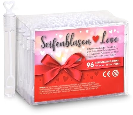 WOMA Seifenblasen Hochzeit Set 48 Stück I Set inkl. Stäbe & Flüssigkeit I Seifenblasen Love Edition in Geschenkbox I Hochzeitsseifenblasen mit Griff in Herzform I Bubble Set Wedding Decoration