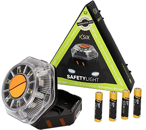 KSIX Luz de Emergencia V16 sin GPS para Coche y Moto con Linterna Led. Baliza de Señalización Luminosa Autónoma en Carretera con Base Magnética y Gancho Multiusos