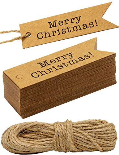 HOMETOOLS.EU® – 100 kraftpapper, kartong, presenthängen, papperssmycken, etiketter, etikett, 7 x 2 cm, med 10 m jutesnöre, som present – God Jul – naturligt brun