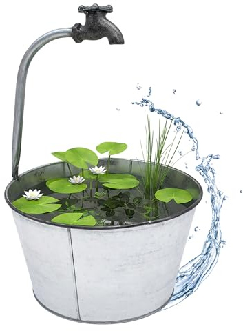 Metall Zinkeimer Silber mit Deko Wasserhahn - 48 x 29 cm | Metalleimer zum Beflanzen - Outdoor Deko Blumentopf Pflanzeimer Eimer Garten Balkon Terrasse Außenbereich