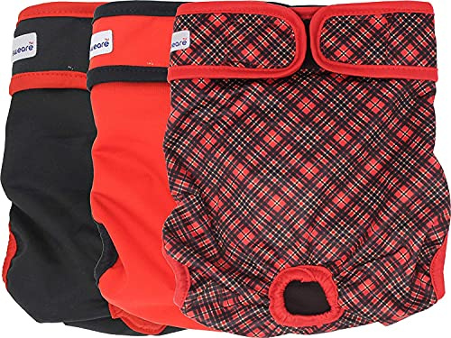 Petsweare Wasserdicht Saugfähigkeit Waschbare Robuste Wiederverwendbare Hundewindeln Läufigkeitshose Inkontinenzunterlage für Weiblichen Welpe und Hündinnen 3 Pack (Large, Rot)