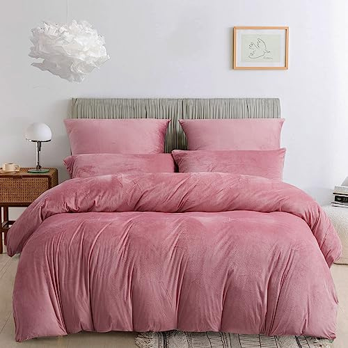 Damier Winter Plüsch Bettwäsche 200x220cm Rosa Altrosa Cashmere Touch Warme Bettwäsche Set 3 Teilig - 1 Bettbezug 200 x 220 cm Reißverschluss und 2 x Kopfkissenbezug 80 x 80 cm