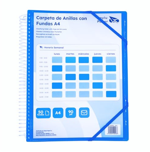 Raylu Paper® – Sorteringsmapp med ringar med 90 mikron A4 transparent fodral och kuvert med kardborreförslutning, anpassningsbar lock. 100% biologiskt nedbrytbar mantel. (50 ärmar, blå)