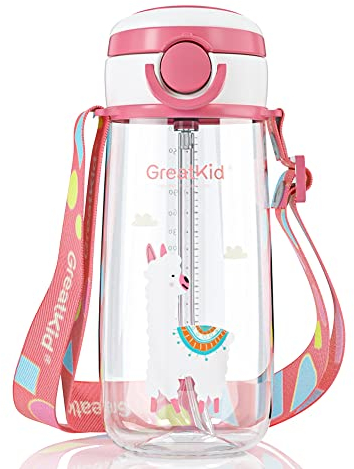 Bunnytoo Gourde Avec Paille 500 ml-Tritan sans Bpa, Couvercle Rabattable,Sangle/Boucle de Transport,étanche Pour Filles et Garçons-Convient Aux Enfants,Adultes-Rose