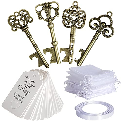 40 apribottiglie vintage con bigliettino di accompagnamento, sacchetti in organza e nastro, per bomboniere nuziali, decorazione rustica, color bronzo